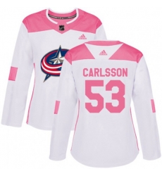 Womens Columbus Blue Jackets #53 Gabriel Carlsson Authentic White Pink Fashion NHL Jersey