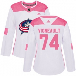 Womens Columbus Blue Jackets #74 Sam Vigneault Authentic White Pink Fashion NHL Jersey Womens Columbus Blue Jackets #74 Sam Vigneault Authentic White Pink Fashion NHL Jersey
