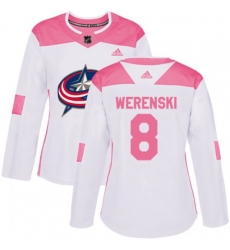 Womens Columbus Blue Jackets #8 Zach Werenski Authentic White Pink Fashion NHL Jersey