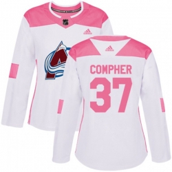 Womens Colorado Avalanche #37 J.T. Compher Authentic White Pink Fashion NHL Jersey Womens Colorado Avalanche #37 J.T. Compher Authentic White Pink Fashion NHL Jersey