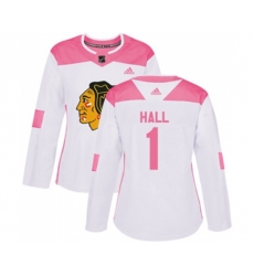 Womens Chicago Blackhawks #1 Glenn Hall Authentic White Pink Fashion NHL Jersey