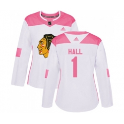 Womens Chicago Blackhawks #1 Glenn Hall Authentic White Pink Fashion NHL Jersey