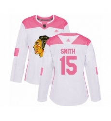 Womens Chicago Blackhawks #15 Zack Smith Authentic White Pink Fashion Hockey Jersey