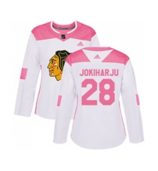 Womens Chicago Blackhawks #28 Henri Jokiharju Authentic White Pink Fashion NHL Jersey
