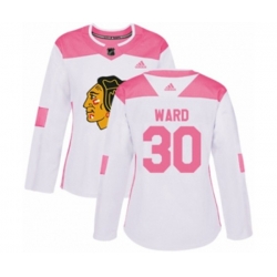 Womens Chicago Blackhawks #30 Cam Ward Authentic White Pink Fashion NHL Jersey