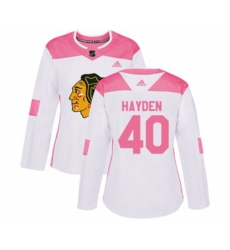 Womens Chicago Blackhawks #40 John Hayden Authentic White Pink Fashion NHL Jersey