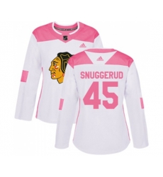 Womens Chicago Blackhawks #45 Luc Snuggerud Authentic White Pink Fashion NHL Jersey