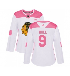 Womens Chicago Blackhawks #9 Bobby Hull Authentic White Pink Fashion NHL Jersey