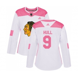 Womens Chicago Blackhawks #9 Bobby Hull Authentic White Pink Fashion NHL Jersey