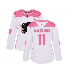 Women Calgary Flames #11 Mikael Backlund Authentic White Pink Fashion Hockey Jersey