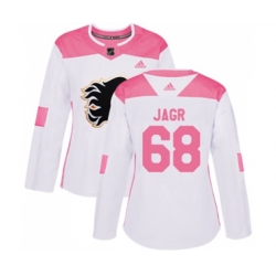 Women Calgary Flames #68 Jaromir Jagr Authentic White Pink Fashion Hockey Jersey