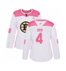 Women Adidas Boston Bruins #4 Bobby Orr Authentic White Pink Fashion NHL Jersey