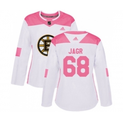 Women Boston Bruins #68 Jaromir Jagr Authentic White Pink Fashion Hockey Jersey