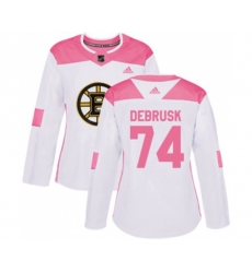 Women Boston Bruins #74 Jake DeBrusk Authentic White Pink Fashion Hockey Jersey
