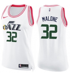 Womens Utah Jazz #32 Karl Malone Swingman White Pink Fashion NBA Jersey