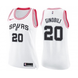 Womens San Antonio Spurs #20 Manu Ginobili Swingman White Pink Fashion Basketball Jersey