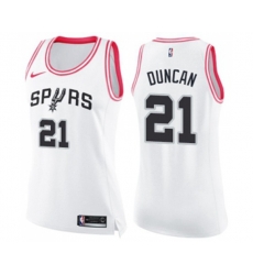 Womens San Antonio Spurs #21 Tim Duncan Swingman White Pink Fashion Basketball Jersey
