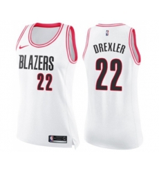 Womens Portland Trail Blazers #22 Clyde Drexler Swingman White Pink Fashion Basketball Jersey
