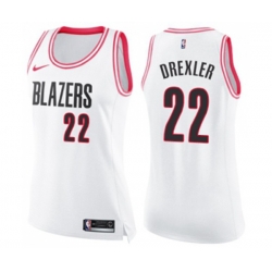 Womens Portland Trail Blazers #22 Clyde Drexler Swingman White Pink Fashion Basketball Jersey