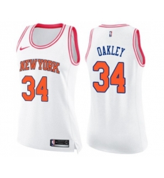 Womens New York Knicks #34 Charles Oakley Swingman White Pink Fashion Basketball Jersey