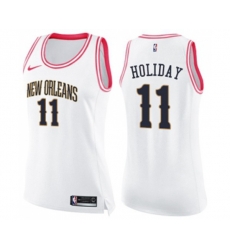 Womens New Orleans Pelicans #11 Jrue Holiday Swingman White Pink Fashion Basketball Jersey