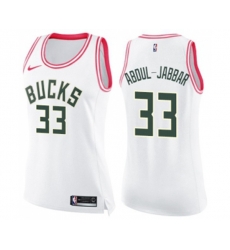 Womens Milwaukee Bucks #33 Kareem Abdul-Jabbar Swingman White Pink Fashion Basketball Jersey