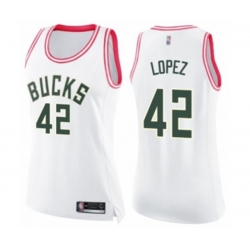 Womens Milwaukee Bucks #42 Robin Lopez Swingman White Pink Fashion Basketball Jersey Womens Milwaukee Bucks #42 Robin Lopez Swingman White Pink Fashion Basketball Jersey