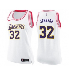 Womens Los Angeles Lakers #32 Magic Johnson Swingman White Pink Fashion Basketball Jersey