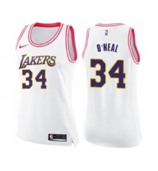Womens Los Angeles Lakers #34 Shaquille ONeal Swingman White Pink Fashion Basketball Jersey