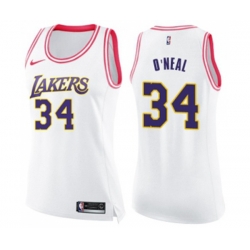 Womens Los Angeles Lakers #34 Shaquille ONeal Swingman White Pink Fashion Basketball Jersey
