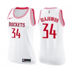 Womens Houston Rockets #34 Hakeem Olajuwon Swingman White Pink Fashion Basketball Jersey
