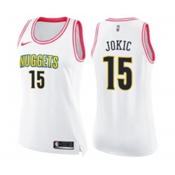 Womens Denver Nuggets #15 Nikola Jokic Swingman White Pink Fashion Basketball Jersey