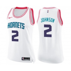 Womens Charlotte Hornets #2 Larry Johnson Swingman White Pink Fashion Basketball Jersey