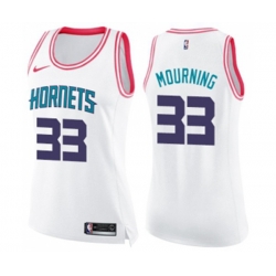 Womens Charlotte Hornets #33 Alonzo Mourning Swingman White Pink Fashion Basketball Jersey