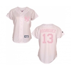 Womens New York Yankees #13 Alex Rodriguez Replica White Pink Strip Baseball Jersey