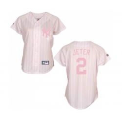 Womens New York Yankees #2 Derek Jeter Replica White Pink Strip Baseball Jersey