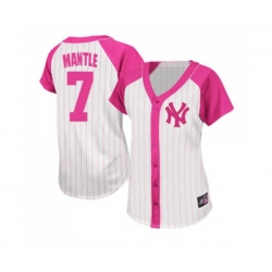 Womens New York Yankees #7 Mickey Mantle Replica White Pink Splash Fashion Baseball Jersey