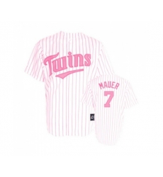 Womens Minnesota Twins #7 Joe Mauer Replica White Pink Strip Baseball Jersey