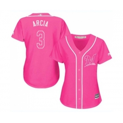 Womens Milwaukee Brewers #3 Orlando Arcia Authentic Pink Fashion Cool Base Baseball Jersey