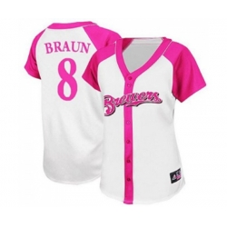 Womens Milwaukee Brewers #8 Ryan Braun Replica White Pink Splash Fashion Baseball Jersey