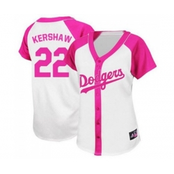 Womens Los Angeles Dodgers #22 Clayton Kershaw Authentic White Pink Splash Fashion Baseball Jersey