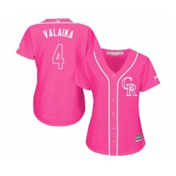 Womens Colorado Rockies #4 Pat Valaika Authentic Pink Fashion Cool Base Baseball Jersey
