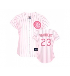Womens Chicago Cubs #23 Ryne Sandberg Replica White Pink Strip Fashion Baseball Jersey